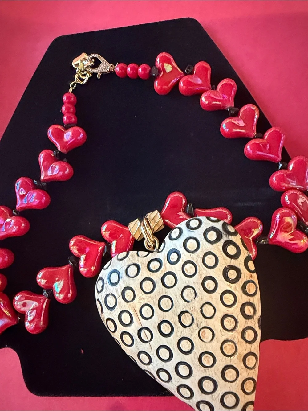 Red Heart Beaded Necklace with Large Patterned Heart Pendant